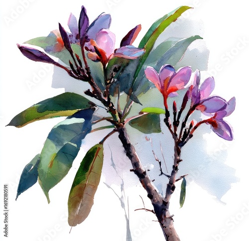 Vibrant watercolor illustration of plumeria flowers and leaves