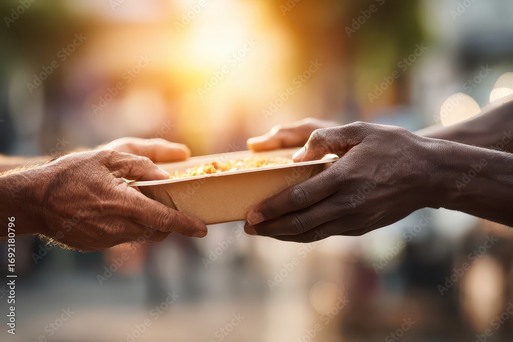 Obraz premium Hands passing food in a disposable container, conveying charity, generosity and hope during a warm sunny day, highlighting social responsibility and community spirit.