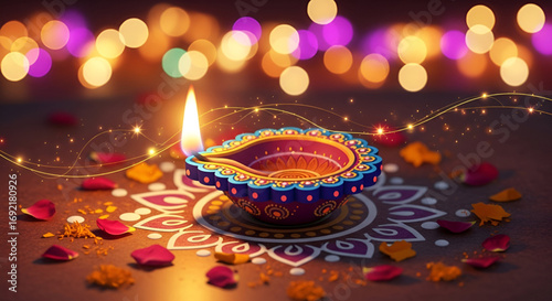 Colorful decorative Diwali diya with bright flame placed on traditional rangoli surrounded by flower petals sparkling lights festive Deepavali Puja Navratri Durga celebration of Hindu culture in India