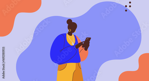 Modern illustration of a woman confidently using her smartphone for digital communication and online interaction. Ideal for technology, lifestyle, and business concepts.