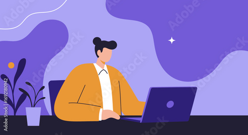 Modern illustration of a person working diligently on a laptop at a desk, surrounded by abstract shapes and a plant. Represents productivity, remote work, and digital lifestyle.