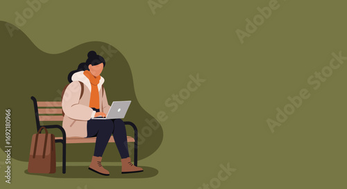 Young woman in winter clothing working on a laptop outdoors. Ideal for remote work, study, digital nomad lifestyle, freelance, or travel concepts.