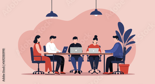 Diverse business team collaborating in a modern office, working on laptops during a productive meeting. Ideal for concepts of teamwork, innovation, and workplace efficiency.