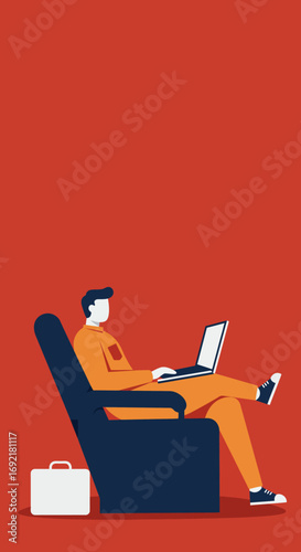 Man in casual wear sits comfortably in a recliner, working on a laptop with a briefcase nearby. Represents remote work, flexible lifestyle, and digital nomadism.