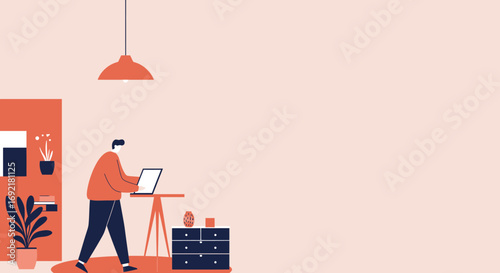 Man working remotely on a laptop in a modern home office setting, illustrating productivity and flexible work arrangements. Ideal for business and lifestyle concepts.