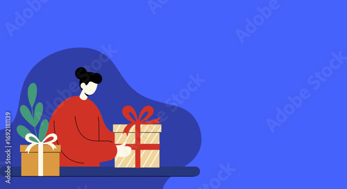 Stylized illustration of a person wrapping or preparing a gift box for a special occasion, sale, or celebration. Represents gifting, holidays, and thoughtful gestures.
