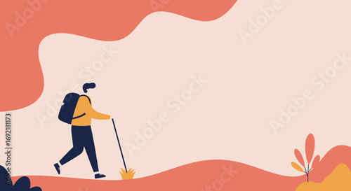 Stylized illustration of a person hiking with a backpack and trekking pole across an abstract outdoor landscape. Perfect for travel, adventure, and wellness themes.