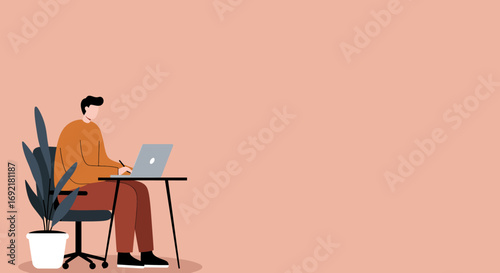 Professional working remotely on laptop at home office desk, surrounded by a plant. Perfect for business, education, and digital lifestyle concepts.