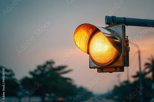 Illuminated yellow traffic signal with an orange sunset backdrop, caution ahead, stay safe, drive slowly, proceed with care, signaling change and waiting, city life.
