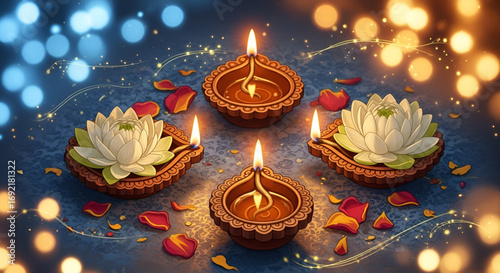 Beautiful lotus flowers with decorative Diwali diya lamps glowing with bright flames surrounded by rose petals festive background symbol of Deepavali Puja Navratri Durga worship in Indian culture