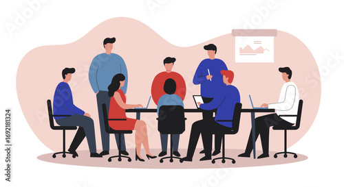 Group of business professionals meeting and collaborating in an office setting. Focus on teamwork, discussion, and modern corporate productivity.