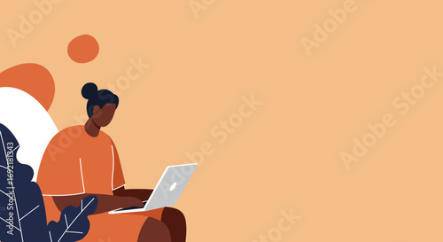 Focused person working remotely on a laptop in a stylized home setting. Represents productivity, online learning, and modern digital lifestyle.