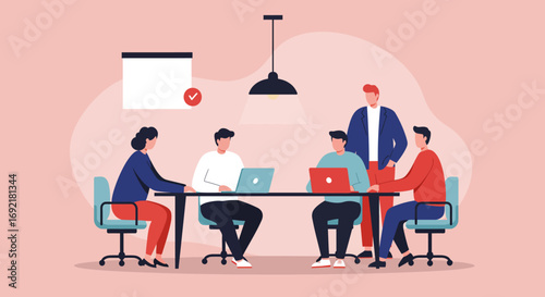 Diverse business team collaborating on a project in a modern office meeting. Focus on teamwork, productivity, and strategic planning for corporate success.