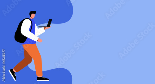 A person walks with a backpack and laptop, representing mobile work, education, or digital nomad lifestyle. Ideal for technology, connectivity, and modern learning themes.