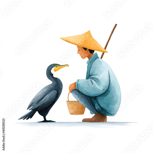 Watercolor Painting of a Fisherman and Cormorant Bird Interacting Quietly