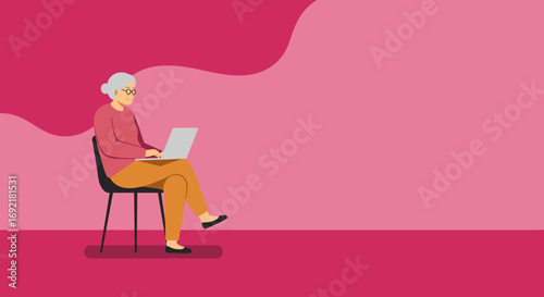 Engaged senior woman works on a laptop against a vibrant pink background, showcasing digital literacy and modern living for older adults. Ideal for technology and lifestyle content.