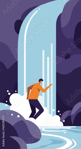 Man exploring a powerful waterfall in a vibrant natural landscape, representing adventure, refreshing challenge, and the beauty of nature. Ideal for travel or lifestyle content.