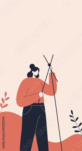 Minimalist illustration of a woman setting up a tripod, representing photography, outdoor activities, or creative hobbies. Ideal for lifestyle and leisure concepts.