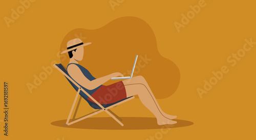Person in a sun hat sitting in a lounge chair, working on a laptop. Depicts remote work, vacation, digital nomad lifestyle, and flexibility.