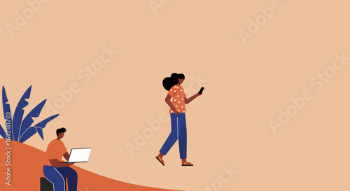 People engage with technology outdoors. A man works on a laptop while a woman walks and uses her smartphone, embodying modern digital communication and flexible work.