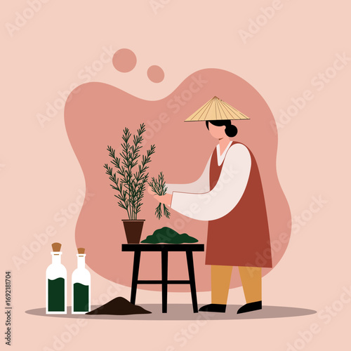 Traditional herbalist meticulously preparing fresh botanicals for natural remedies, showcasing ancient wisdom, wellness, and sustainable practices.