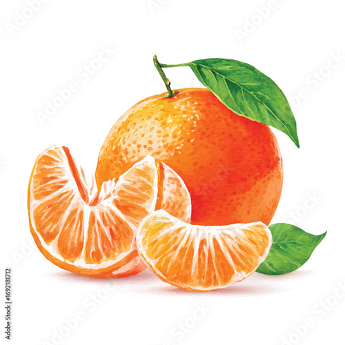 Watercolor Painting of a Mandarin Orange with Slices and Green Leaves