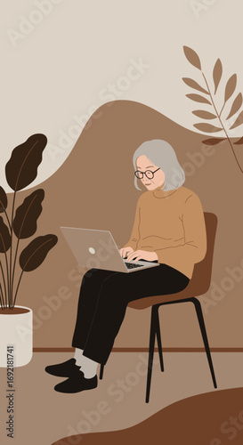 Elderly woman focused on her laptop, working remotely or learning online in a modern, plant-filled home setting. Represents senior digital literacy and activity.