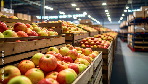Wooden crates filled with freshly harvested apples stacked inside a spacious warehouse, showcasing fruit storage, distribution, and large-scale agricultural production.