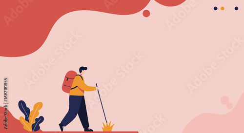 Flat illustration of a person with a backpack and walking stick, hiking outdoors. Represents adventure, travel, exploration, and an active lifestyle.