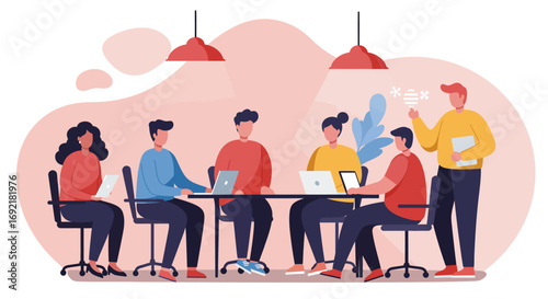 Diverse business team collaborating in a modern office meeting, discussing ideas and working on laptops. Concept of teamwork, innovation, and productivity.