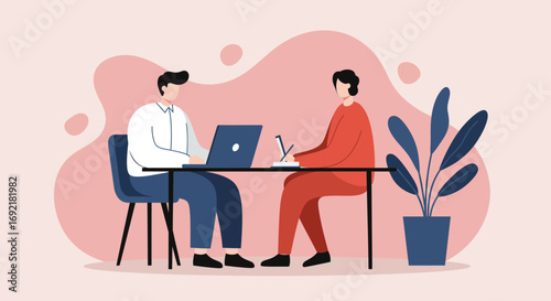Two colleagues collaborate in a modern office, one using a laptop while the other takes notes. Ideal for business, teamwork, or partnership concepts.