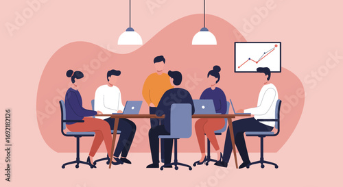Diverse team collaborating in an office meeting, discussing business strategy and analyzing data for project success and growth.