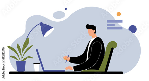 A focused professional works diligently at his desk using a laptop, symbolizing remote work, productivity, and modern business. Ideal for concepts like entrepreneurship or online education.