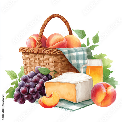 Watercolor Picnic Basket Filled with Peaches Grapes Cheese and Beer