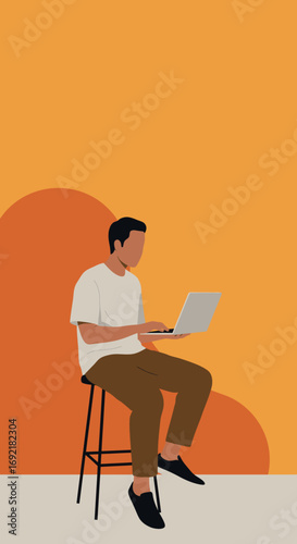 Modern man focused on work, typing on a laptop while sitting on a stool, illustrating remote work and digital communication. Ideal for business and lifestyle concepts.