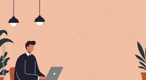 Professional man focused on his laptop in a modern, stylish remote workspace with plants and pendant lights, ideal for business, education, or freelance concepts.