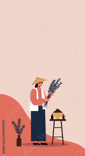 Person in conical hat holding fresh plants, representing traditional farming, sustainable agriculture, or natural product preparation. Eco-friendly concept.