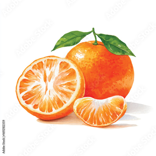 Watercolor Painting of Freshly Cut Tangerine with Green Leaves and Segments