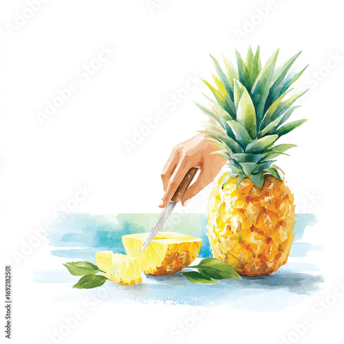 Watercolor Pineapple Being Sliced with a Knife Surrounded by Green Leaves
