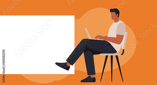 Modern man focused on his laptop, sitting casually. Ideal for concepts of remote work, online learning, or digital communication with ample copy space.