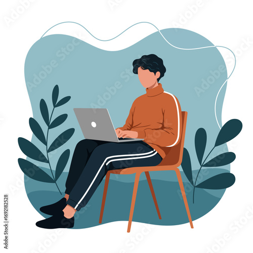 Young person sitting comfortably on a chair, working or studying remotely with a laptop. Represents modern lifestyle, digital connectivity, and flexible work.