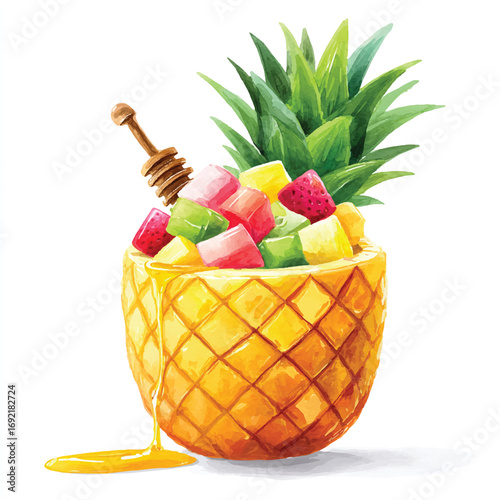 Watercolor Pineapple Fruit Salad with Honey Drizzled and Honey Dipper