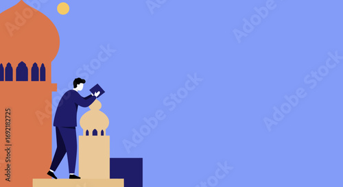 Man reading a book amidst stylized mosque architecture under a serene sky, symbolizing education, culture, and spiritual learning.