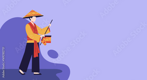 A person in traditional Asian attire, wearing a conical hat and playing a drum, depicting cultural celebration or a festive performance. Ideal for travel, culture, or lifestyle themes.