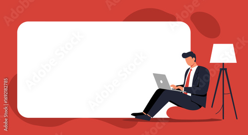 Dedicated businessman works remotely on his laptop, depicted in a modern flat design illustration with a customizable blank space.