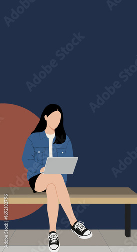 Young woman in casual attire working on a laptop while sitting on a bench. Illustrates remote work, online learning, or digital lifestyle.