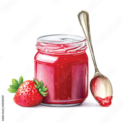Watercolor Painting of Strawberry Jam in a Jar with Spoon