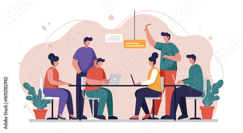 Diverse team collaborating in a modern office, engaged in a productive meeting. Illustrates teamwork, strategic planning, and professional development.
