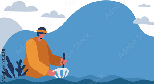 Man in traditional attire scooping water in a serene natural landscape. Depicts traditional farming, cultural work, or sustainable practices in a rural setting.