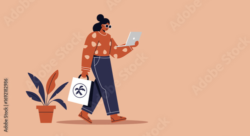 Modern woman multitasking, walking with a laptop and a shopping bag. Represents remote work, online shopping, and a dynamic lifestyle.